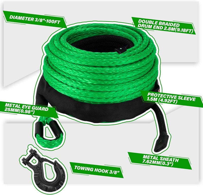 TYT Synthetic Winch Rope 3/8" X 92' with Hook, 27000LBS Synthentic Winch Cable Kit with Protective Sleeve for 4WD Off Road Vehicle Truck SUV Jeep (Green) - Image 3